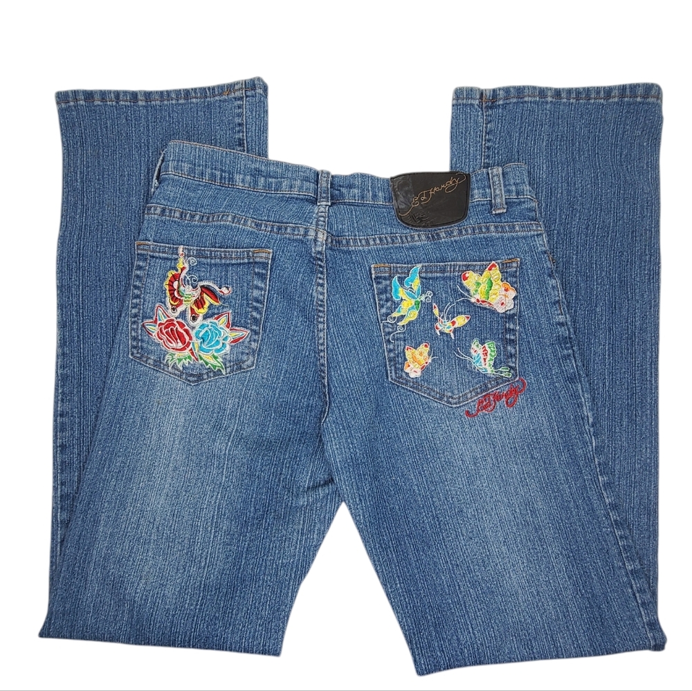 ED HARDY Embroidered Butterfly Mid Rise Jeans Boot Vintage Sz 13 / 14